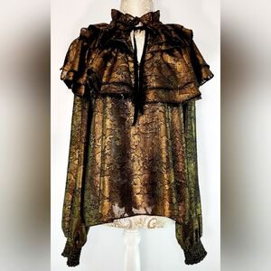 a loves a metallic shimmery jacquard floral ruffle blouse